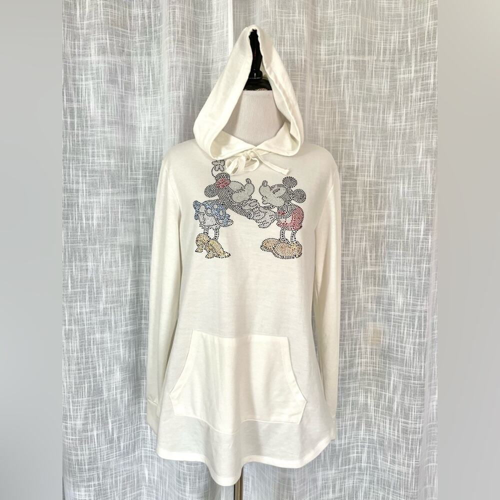 Disney Parks Hooded Sweatshirt Rhinestone Mickey Minnie Mouse S Cream Pullover